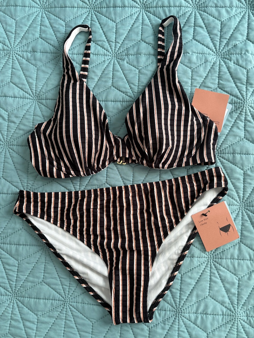 Shade & Shore 2 Piece Swim Striped Black Bikini Set 34D Top Medium Bottom NWT
